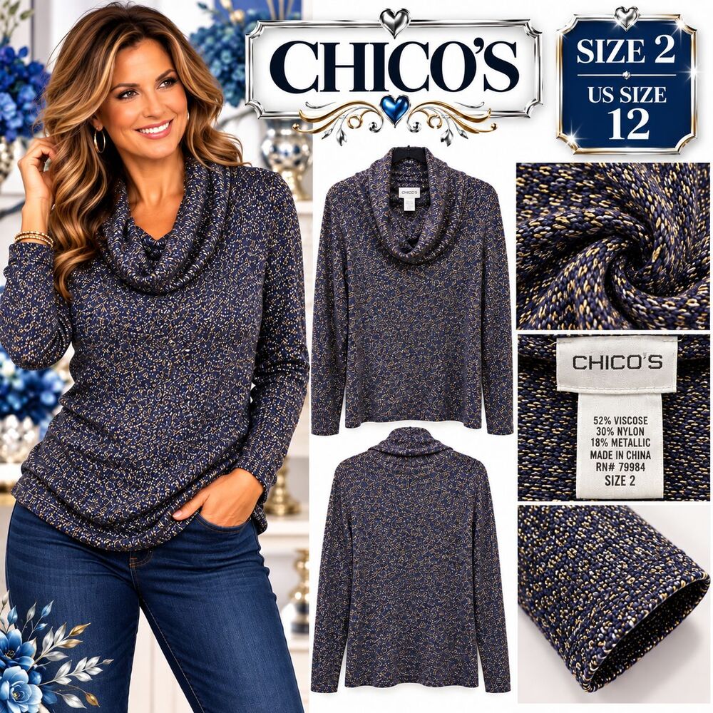 Chico's Purple & Gold Cowl Neck Long/S Viscose Blend Sweater Women Chico's 2